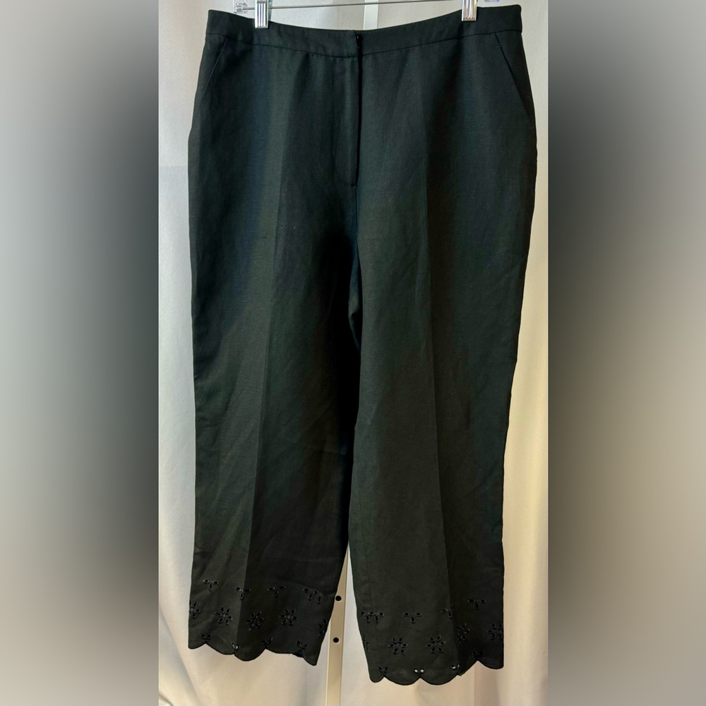 David N Linen/Rayon Cropped Pants Scalloped Hem Flower‎ Embroidery Black Sz 14
